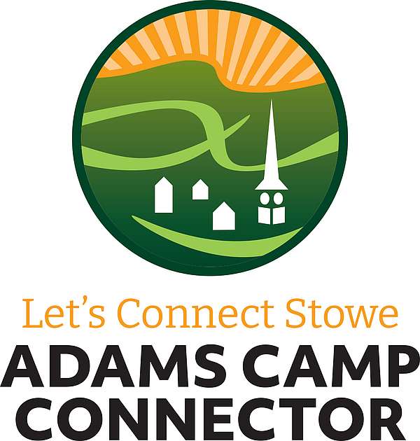 A circular graphic logo with orange rays of sun, green grass hills, and a white church steeple. The text under the graphic reads “Let’s Connect Stowe Adams Camp Connector”.